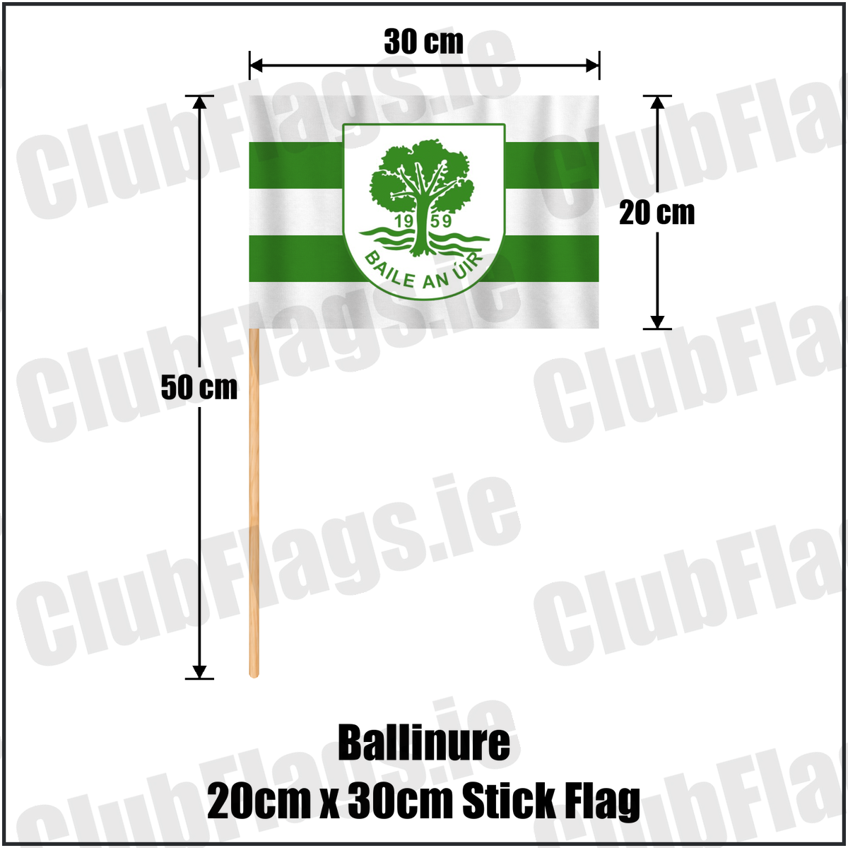 Ballinure 20cm x 30cm Stick Flag, featuring the club crest and white and green colours; County Cork GAA. ClubFlags.ie.
