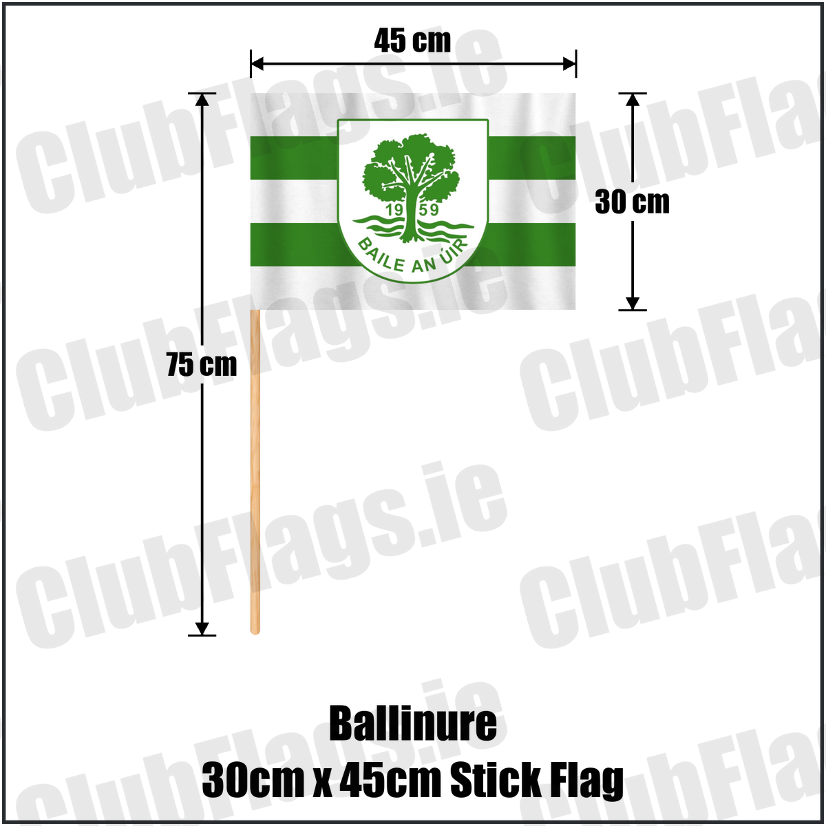 Ballinure 30cm x 45cm Stick Flag, featuring the club crest and white and green colours; County Cork GAA. ClubFlags.ie.