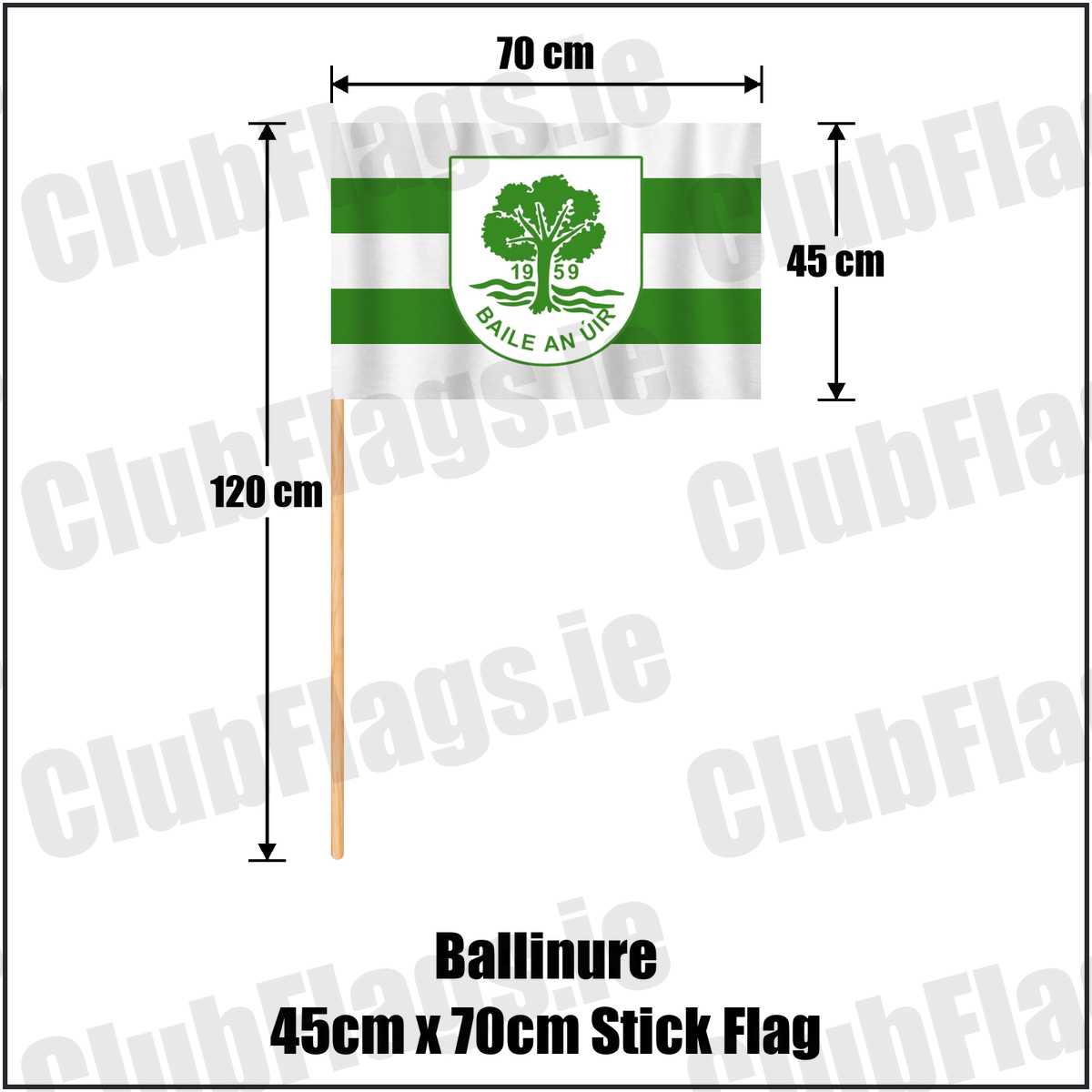 Ballinure 45cm x 70cm Stick Flag, featuring the club crest and white and green colours; County Cork GAA. ClubFlags.ie.