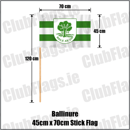 Ballinure 45cm x 70cm Stick Flag, featuring the club crest and white and green colours; County Cork GAA. ClubFlags.ie.