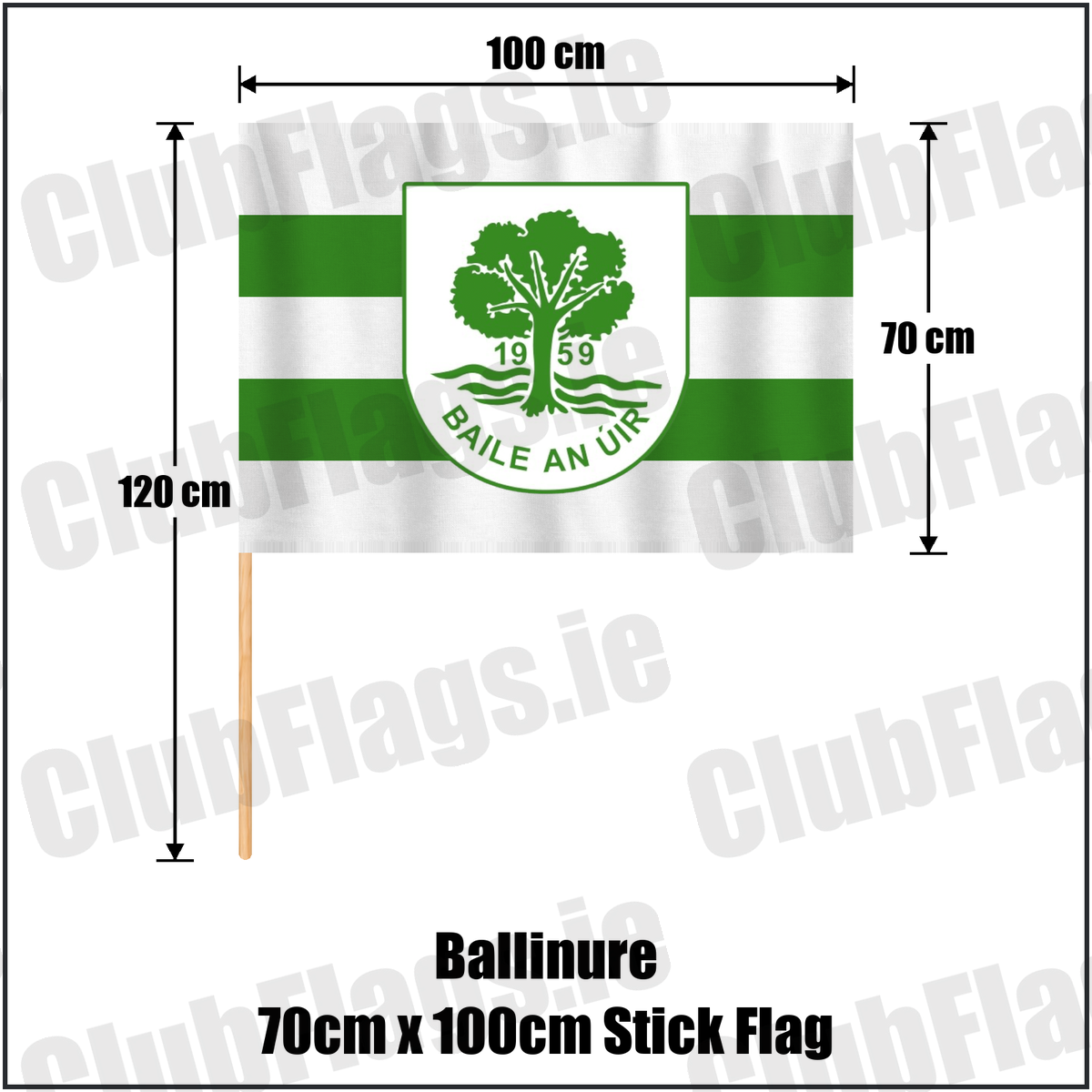 Ballinure 70cm x 100cm Stick Flag, featuring the club crest and white and green colours; County Cork GAA. ClubFlags.ie.