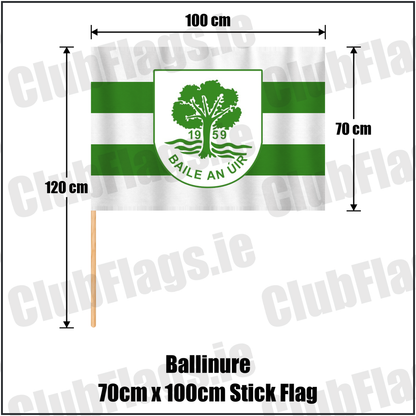 Ballinure 70cm x 100cm Stick Flag, featuring the club crest and white and green colours; County Cork GAA. ClubFlags.ie.