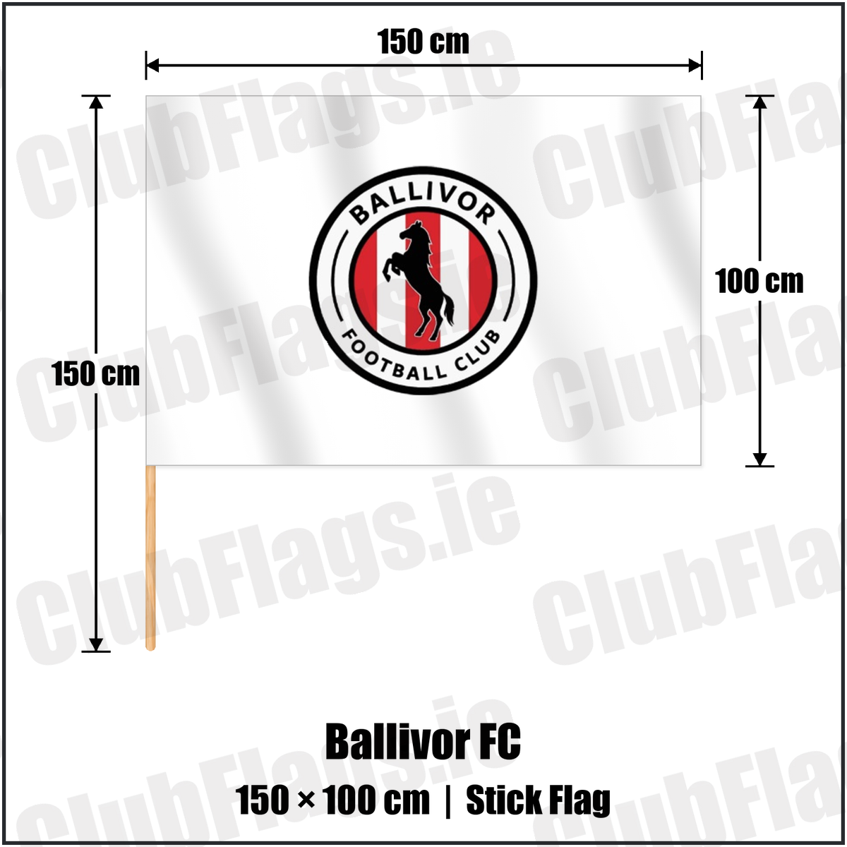 Ballivor FC 100cm x 150cm Stick Flag with the club crest and colours, Meath Football - ClubFlags.ie