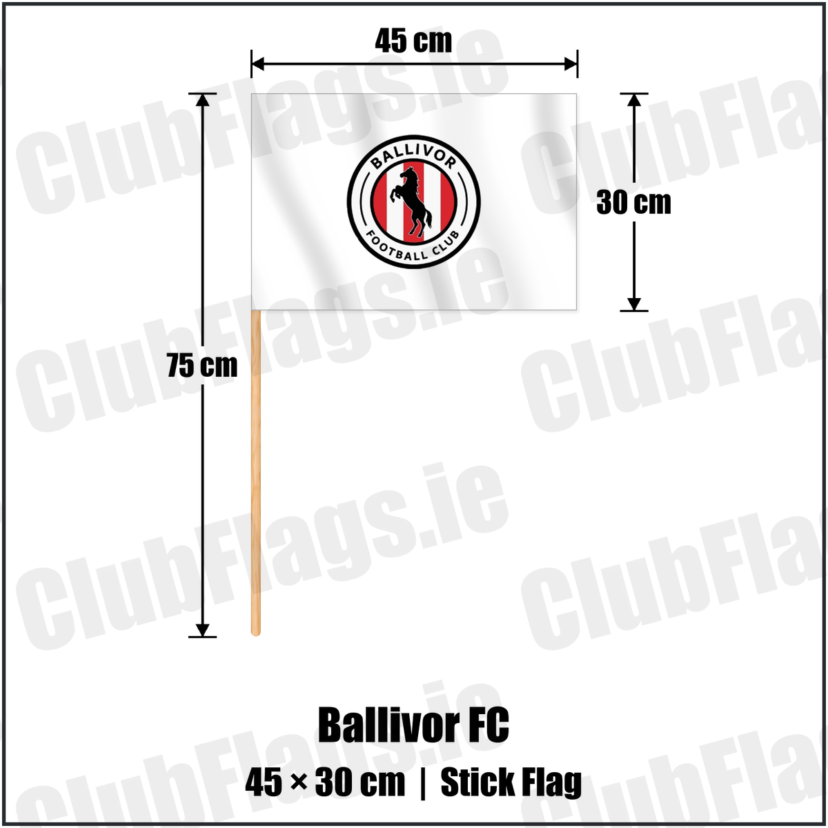 Ballivor FC 30cm x 45cm Stick Flag with the club crest and colours, Meath Football - ClubFlags.ie