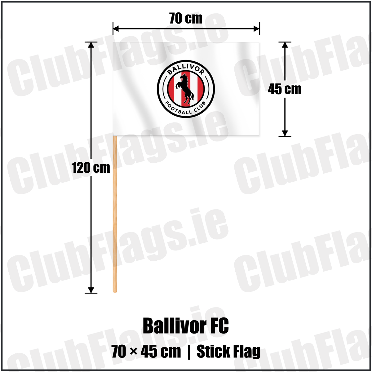 Ballivor FC 45cm x 70cm Stick Flag with the club crest and colours, Meath Football - ClubFlags.ie