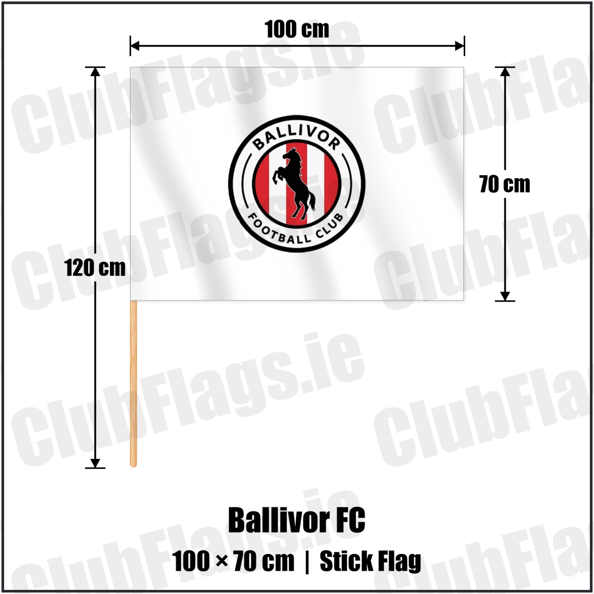 Ballivor FC 70cm x 100cm Stick Flag with the club crest and colours, Meath Football - ClubFlags.ie