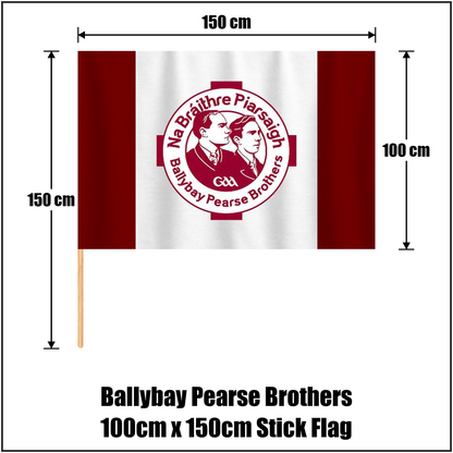 Ballybay Pearse Brothers 100cm x 150cm Stick Flag, featuring the club crest and maroon and white colours; County Monaghan GAA. ClubFlags.ie.