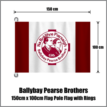 Ballybay Pearse Brothers 150cm x 100cm Flag Pole Flag with Rings, featuring the club crest and maroon and white colours; County Monaghan GAA. ClubFlags.ie.