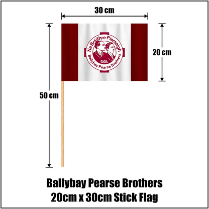 Ballybay Pearse Brothers 20cm x 30cm Stick Flag, featuring the club crest and maroon and white colours; County Monaghan GAA. ClubFlags.ie.