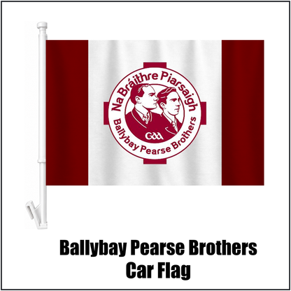 Ballybay Pearse Brothers Car Flag, featuring the club crest and maroon and white colours; County Monaghan GAA. ClubFlags.ie.