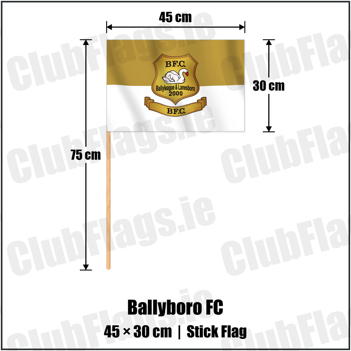 Ballyboro FC 30cm x 45cm Stick Flag with the verified club crest and colours, Roscommon Football - ClubFlags.ie