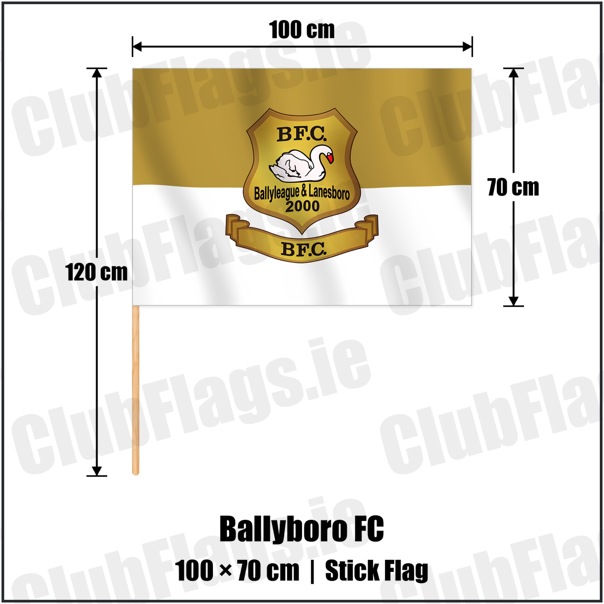 Ballyboro FC 70cm x 100cm Stick Flag with the verified club crest and colours, Roscommon Football - ClubFlags.ie