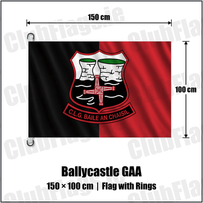Ballycastle GAA 150cm x 100cm Flag Pole Flag with Rings with the club crest and colours, Mayo GAA - ClubFlags.ie