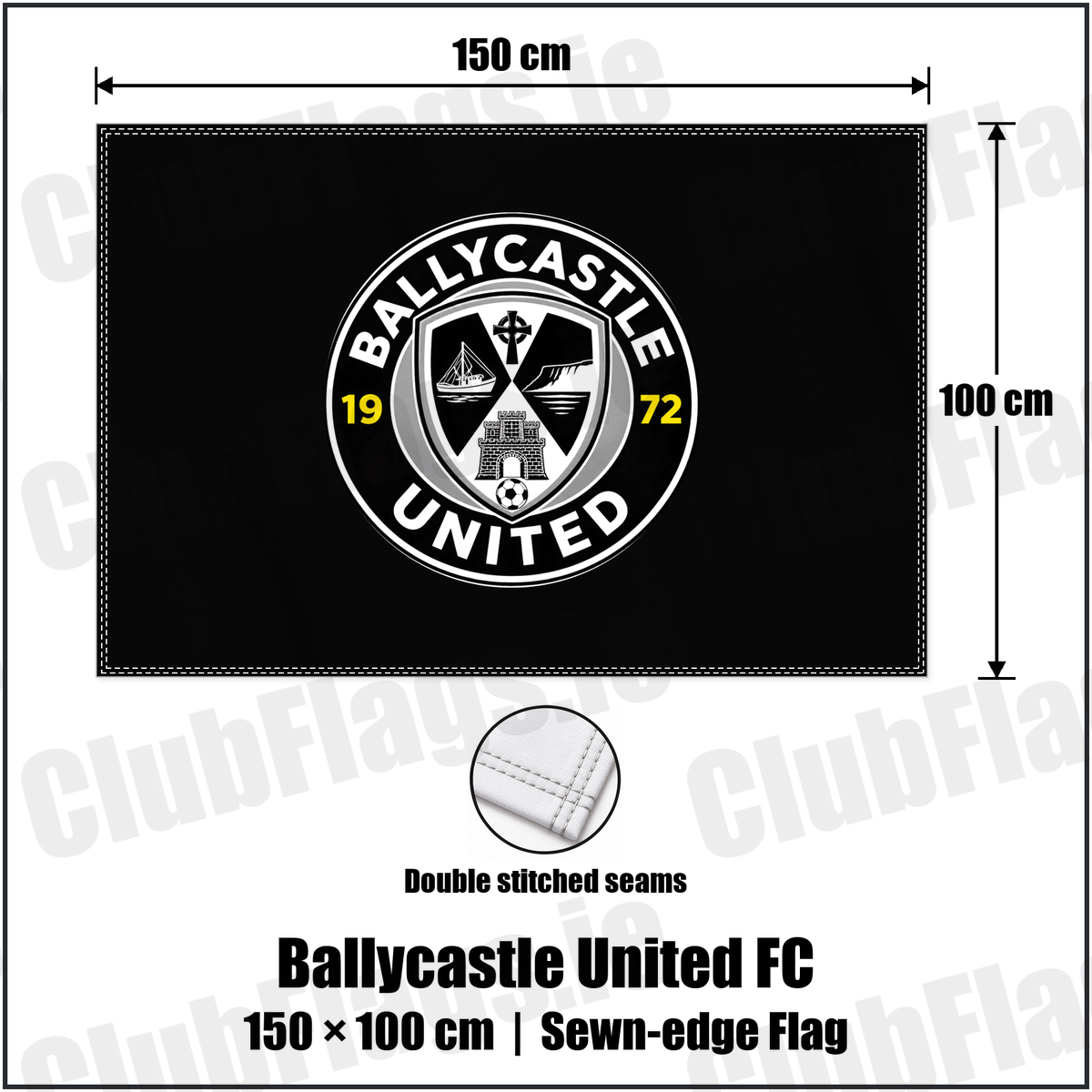 Ballycastle United FC 100cm x 150cm Flag (sewn on the edges) with the club crest and colours, Antrim Football - ClubFlags.ie