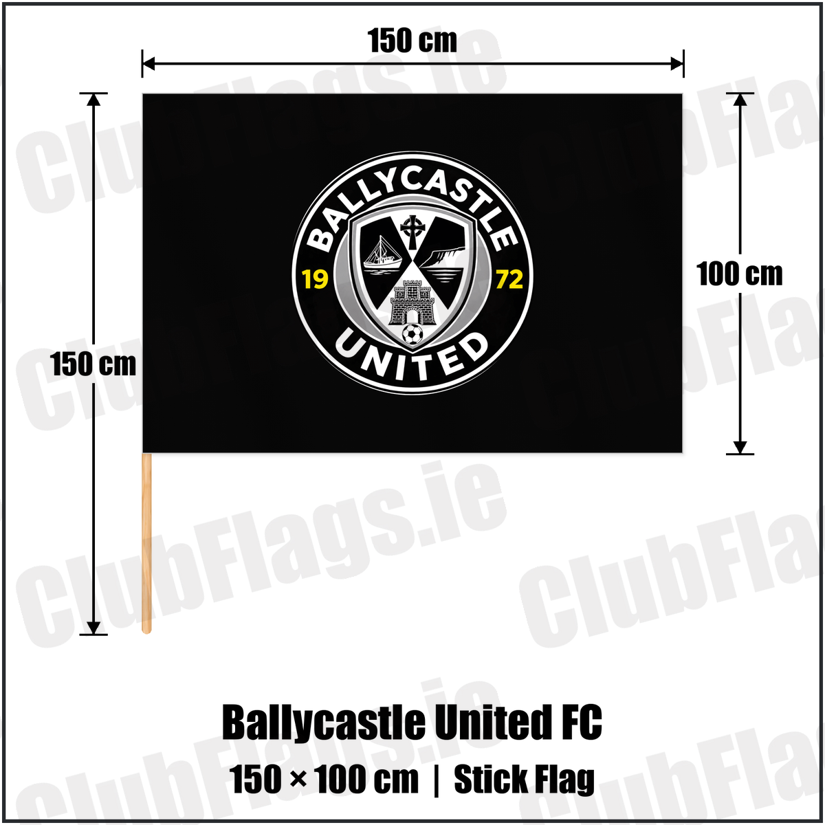 Ballycastle United FC 100cm x 150cm Stick Flag with the club crest and colours, Antrim Football - ClubFlags.ie