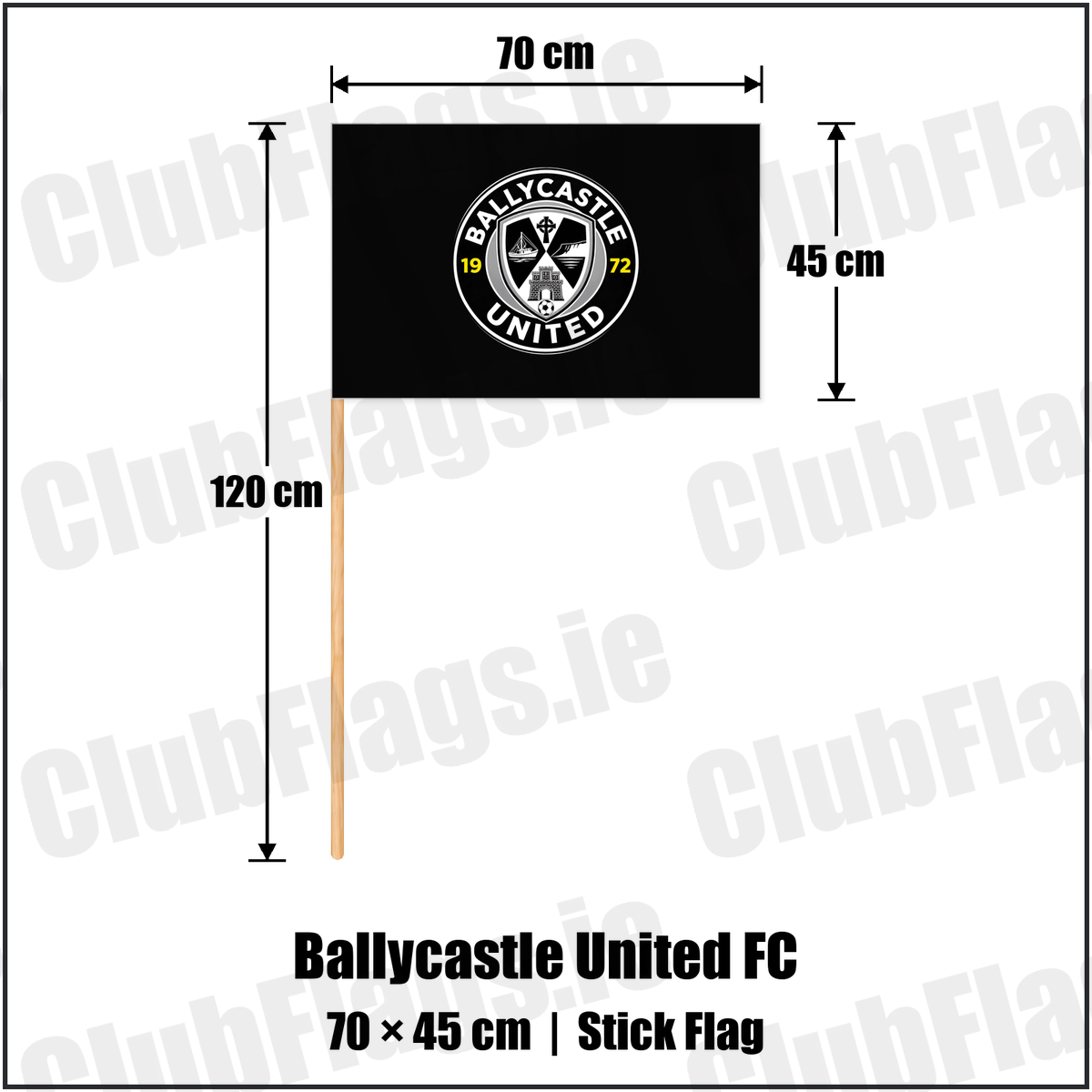 Ballycastle United FC 45cm x 70cm Stick Flag with the club crest and colours, Antrim Football - ClubFlags.ie