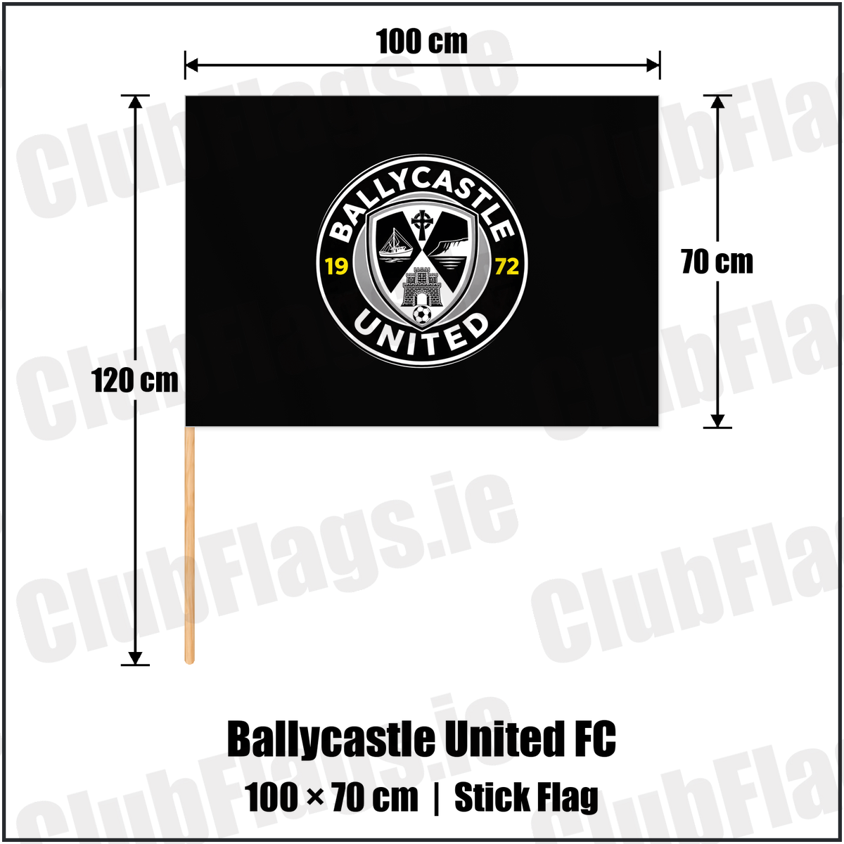 Ballycastle United FC 70cm x 100cm Stick Flag with the club crest and colours, Antrim Football - ClubFlags.ie