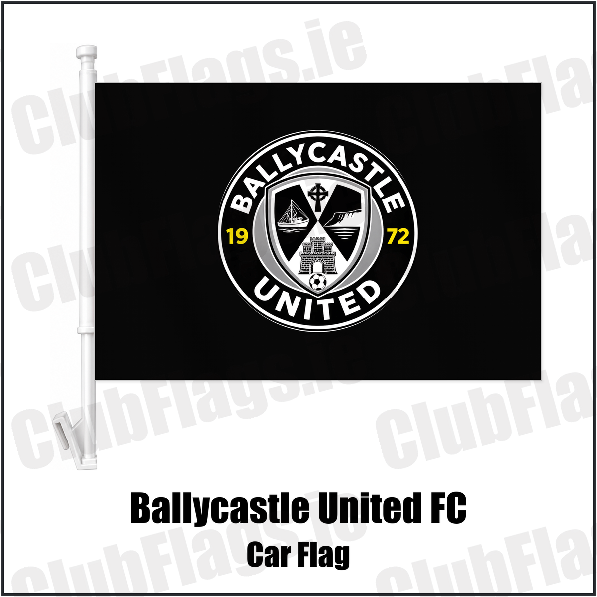 Ballycastle United FC Car Flag with the club crest and colours, Antrim Football - ClubFlags.ie