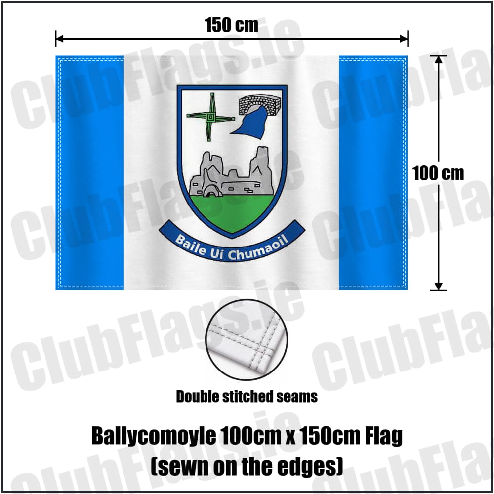 Ballycomoyle 100cm x 150cm Flag (sewn on the edges) in blue and white, featuring the club crest on realistic fabric with gentle vertical folds; County Westmeath GAA. ClubFlags.ie.