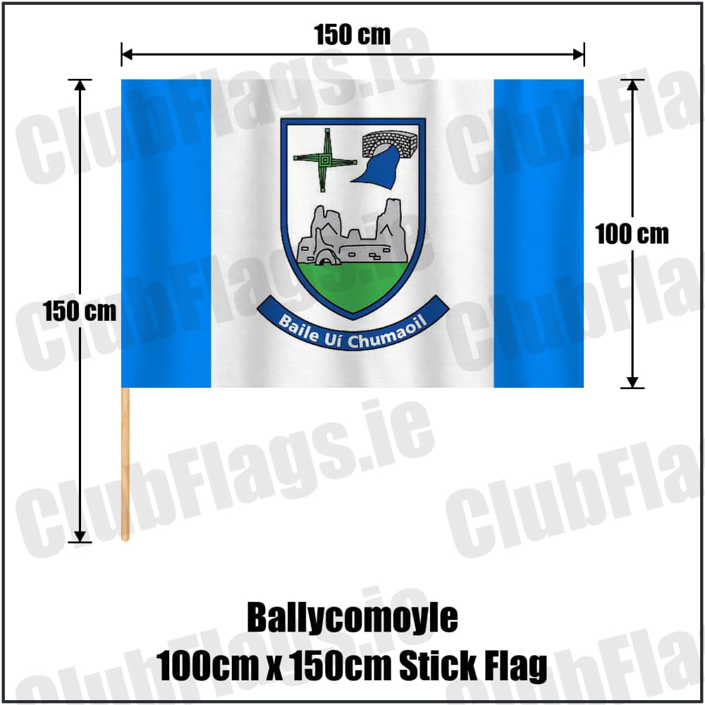 Ballycomoyle 100cm x 150cm Stick Flag in blue and white, featuring the club crest on realistic fabric with gentle vertical folds; County Westmeath GAA. ClubFlags.ie.