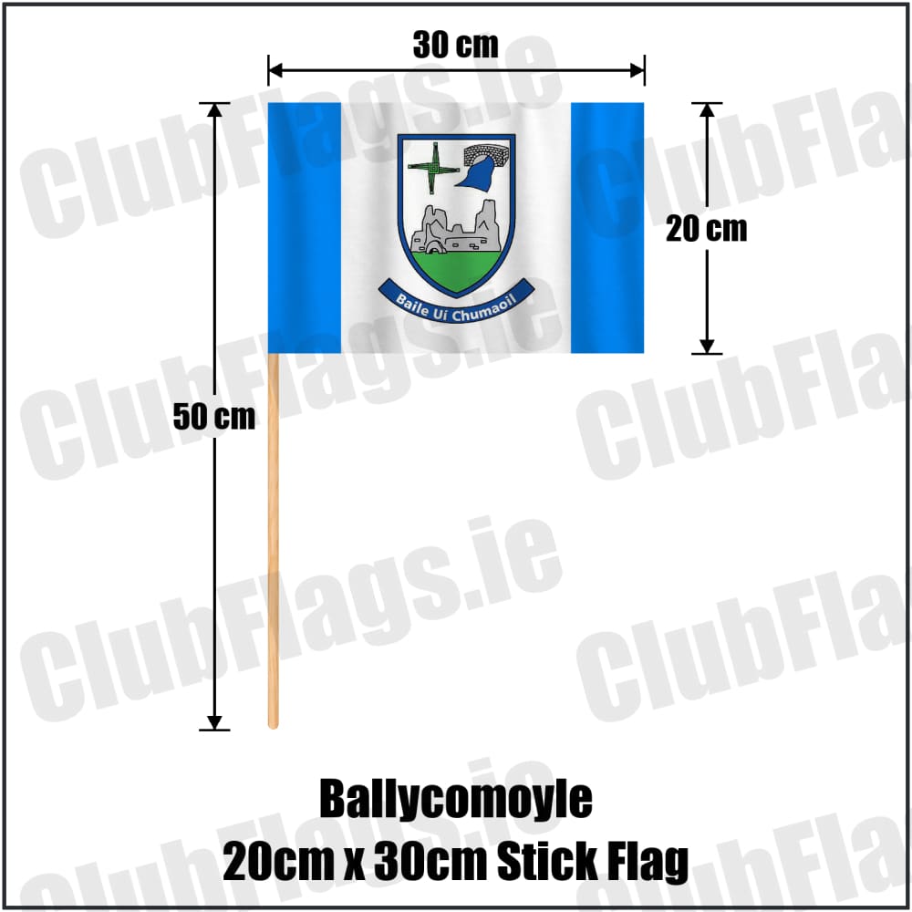 Ballycomoyle 20cm x 30cm Stick Flag in blue and white, featuring the club crest on realistic fabric with gentle vertical folds; County Westmeath GAA. ClubFlags.ie.