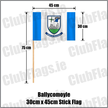 Ballycomoyle 30cm x 45cm Stick Flag in blue and white, featuring the club crest on realistic fabric with gentle vertical folds; County Westmeath GAA. ClubFlags.ie.