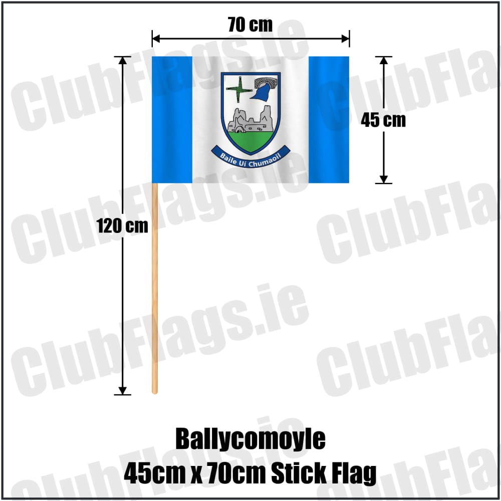 Ballycomoyle 45cm x 70cm Stick Flag in blue and white, featuring the club crest on realistic fabric with gentle vertical folds; County Westmeath GAA. ClubFlags.ie.