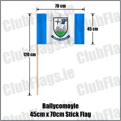 Ballycomoyle 45cm x 70cm Stick Flag in blue and white, featuring the club crest on realistic fabric with gentle vertical folds; County Westmeath GAA. ClubFlags.ie.
