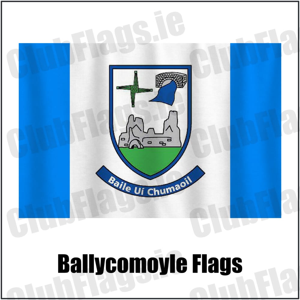 Ballycomoyle Flags in blue and white, featuring the club crest on realistic fabric with gentle vertical folds; County Westmeath GAA. ClubFlags.ie.