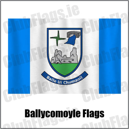 Ballycomoyle Flags in blue and white, featuring the club crest on realistic fabric with gentle vertical folds; County Westmeath GAA. ClubFlags.ie.