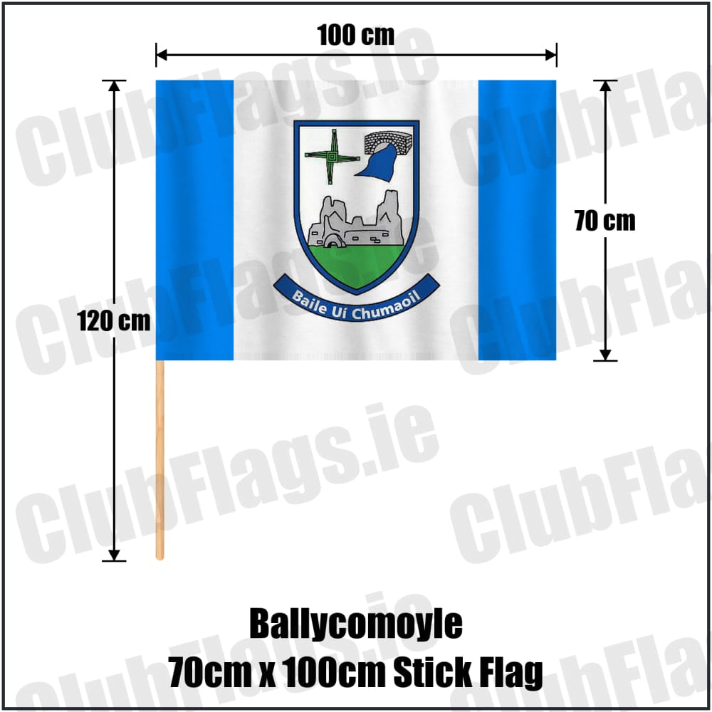 Ballycomoyle 70cm x 100cm Stick Flag in blue and white, featuring the club crest on realistic fabric with gentle vertical folds; County Westmeath GAA. ClubFlags.ie.