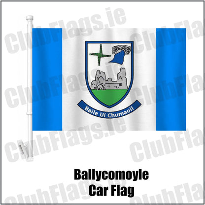 Ballycomoyle Car Flag in blue and white, featuring the club crest on realistic fabric with gentle vertical folds; County Westmeath GAA. ClubFlags.ie.