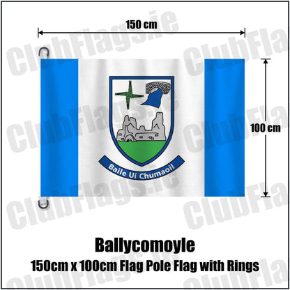 Ballycomoyle 150cm x 100cm Flag Pole Flag with Rings in blue and white, featuring the club crest on realistic fabric with gentle vertical folds; County Westmeath GAA. ClubFlags.ie.