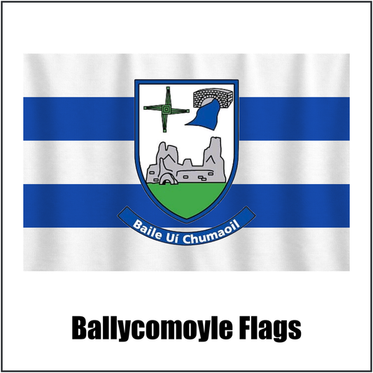 Ballycomoyle Flags, featuring the club crest and blue and white colours; County Westmeath GAA. ClubFlags.ie.