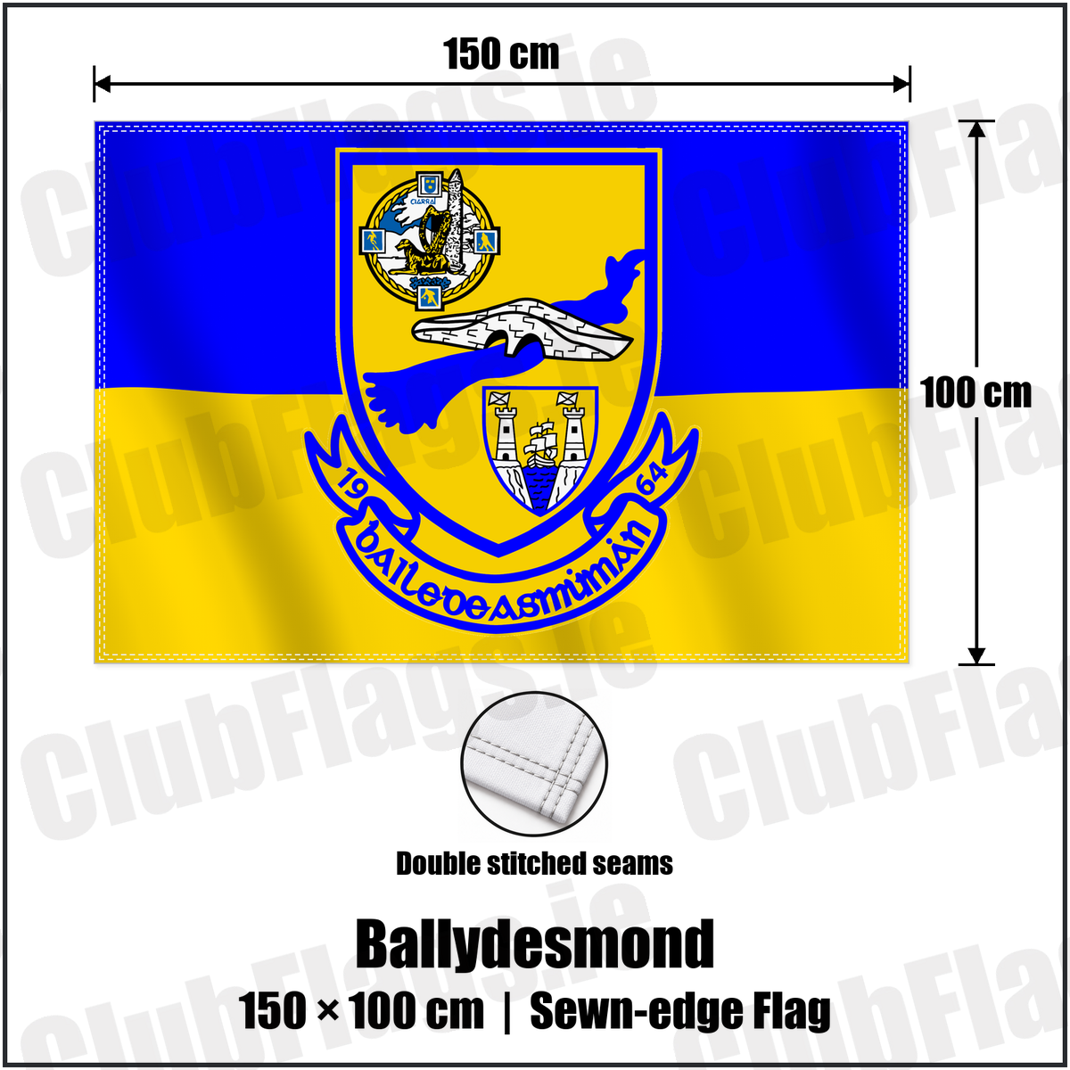 Ballydesmond 100cm x 150cm Flag (sewn on the edges) with the verified club crest and colours, Cork GAA - ClubFlags.ie