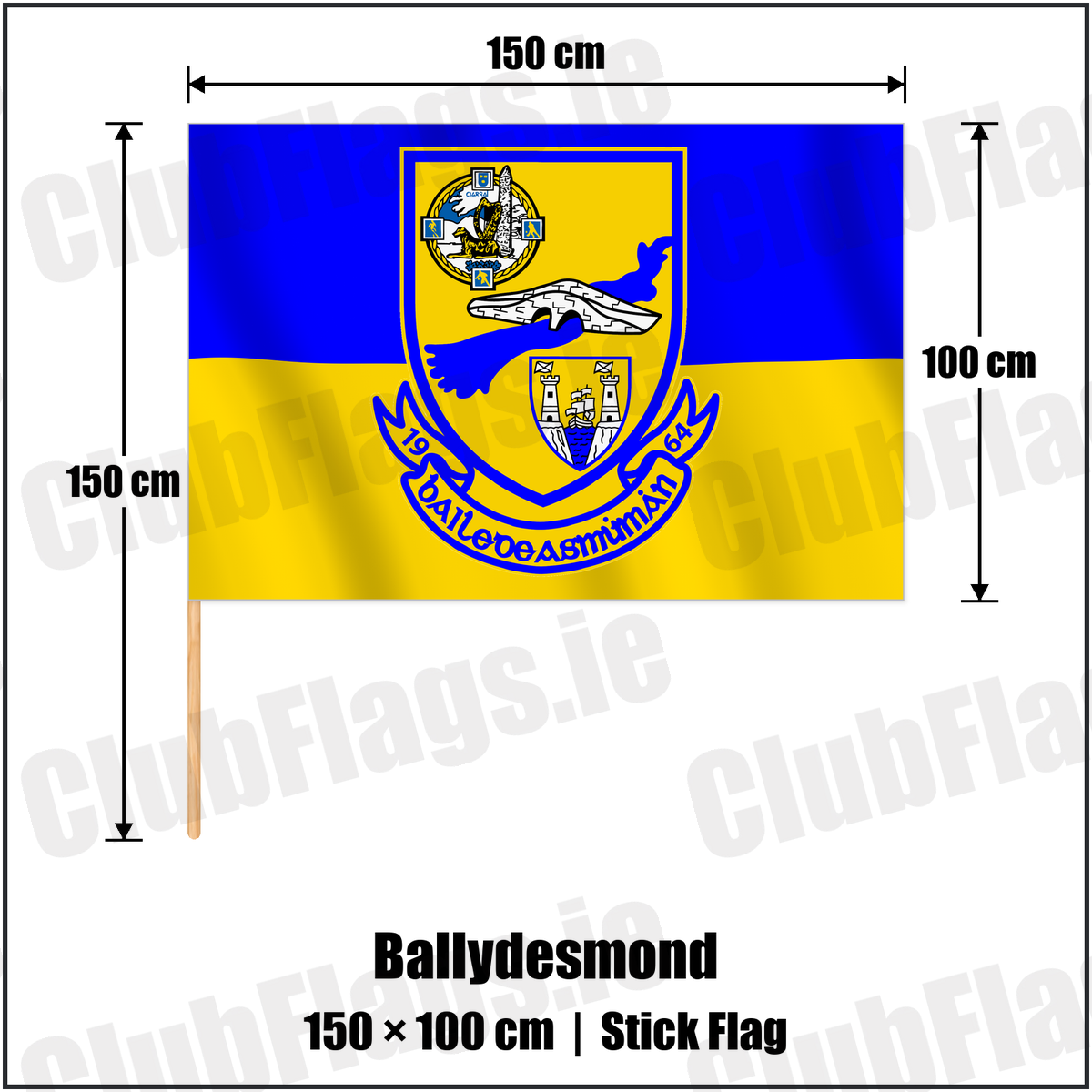 Ballydesmond 100cm x 150cm Stick Flag with the verified club crest and colours, Cork GAA - ClubFlags.ie