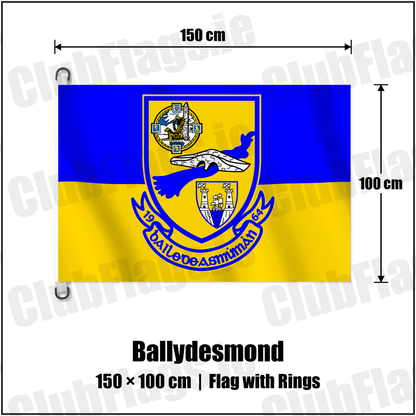 Ballydesmond 150cm x 100cm Flag Pole Flag with Rings with the verified club crest and colours, Cork GAA - ClubFlags.ie