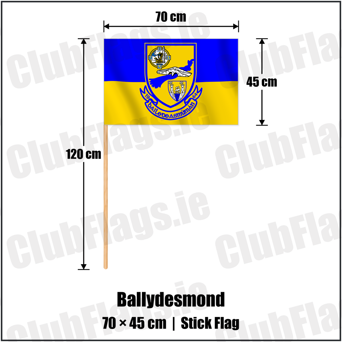 Ballydesmond 45cm x 70cm Stick Flag with the verified club crest and colours, Cork GAA - ClubFlags.ie
