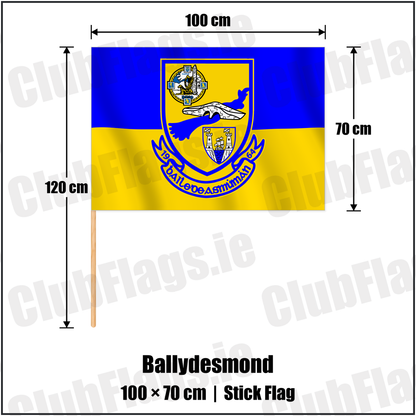 Ballydesmond 70cm x 100cm Stick Flag with the verified club crest and colours, Cork GAA - ClubFlags.ie