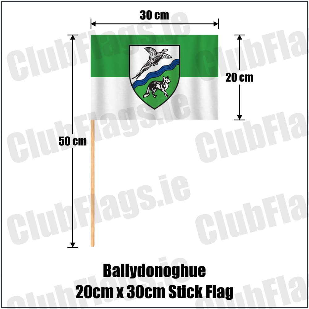 Ballydonoghue 20cm x 30cm Stick Flag in green and white, featuring the club crest on realistic fabric with gentle vertical folds; County Kerry GAA. ClubFlags.ie.