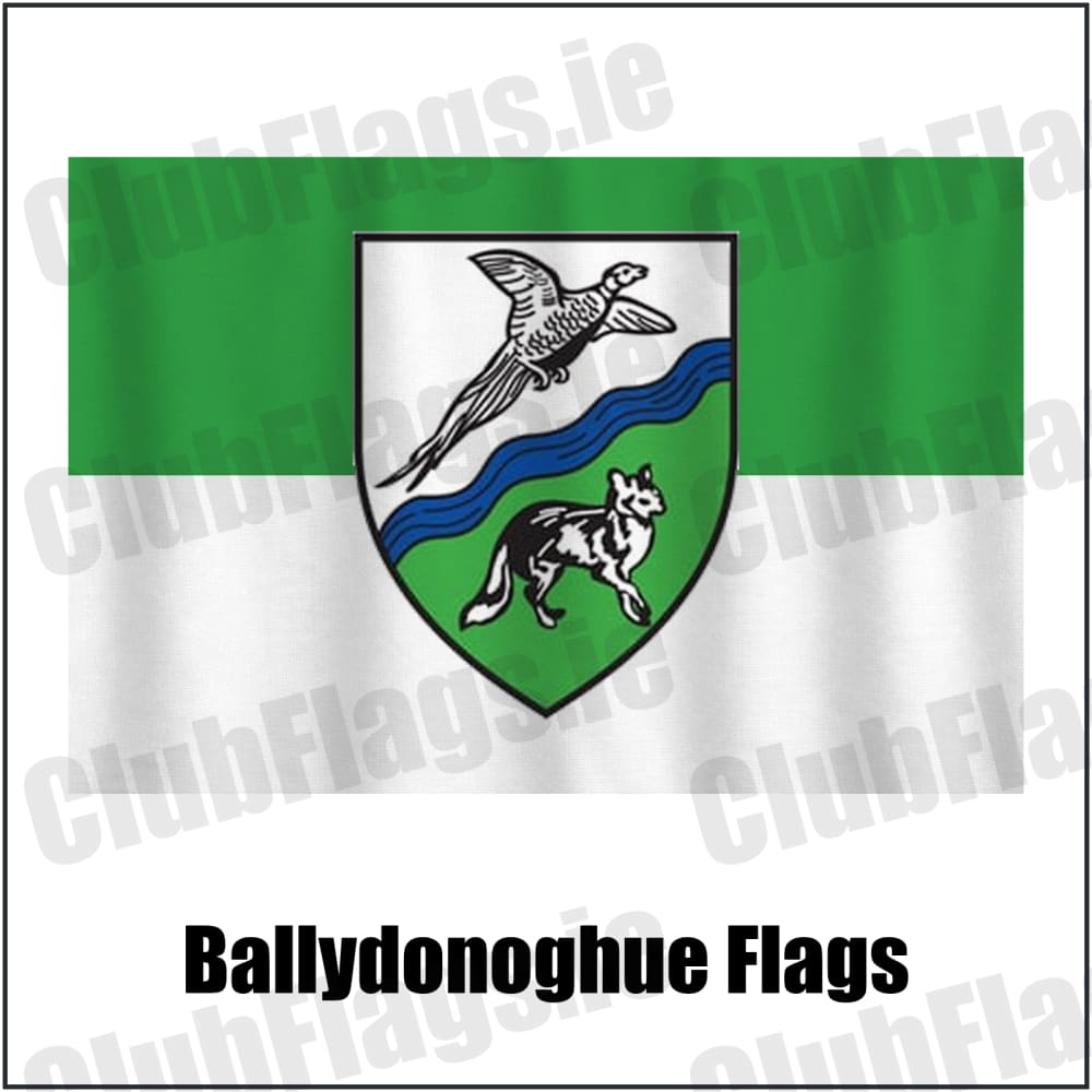 Ballydonoghue Flags in green and white, featuring the club crest on realistic fabric with gentle vertical folds; County Kerry GAA. ClubFlags.ie.