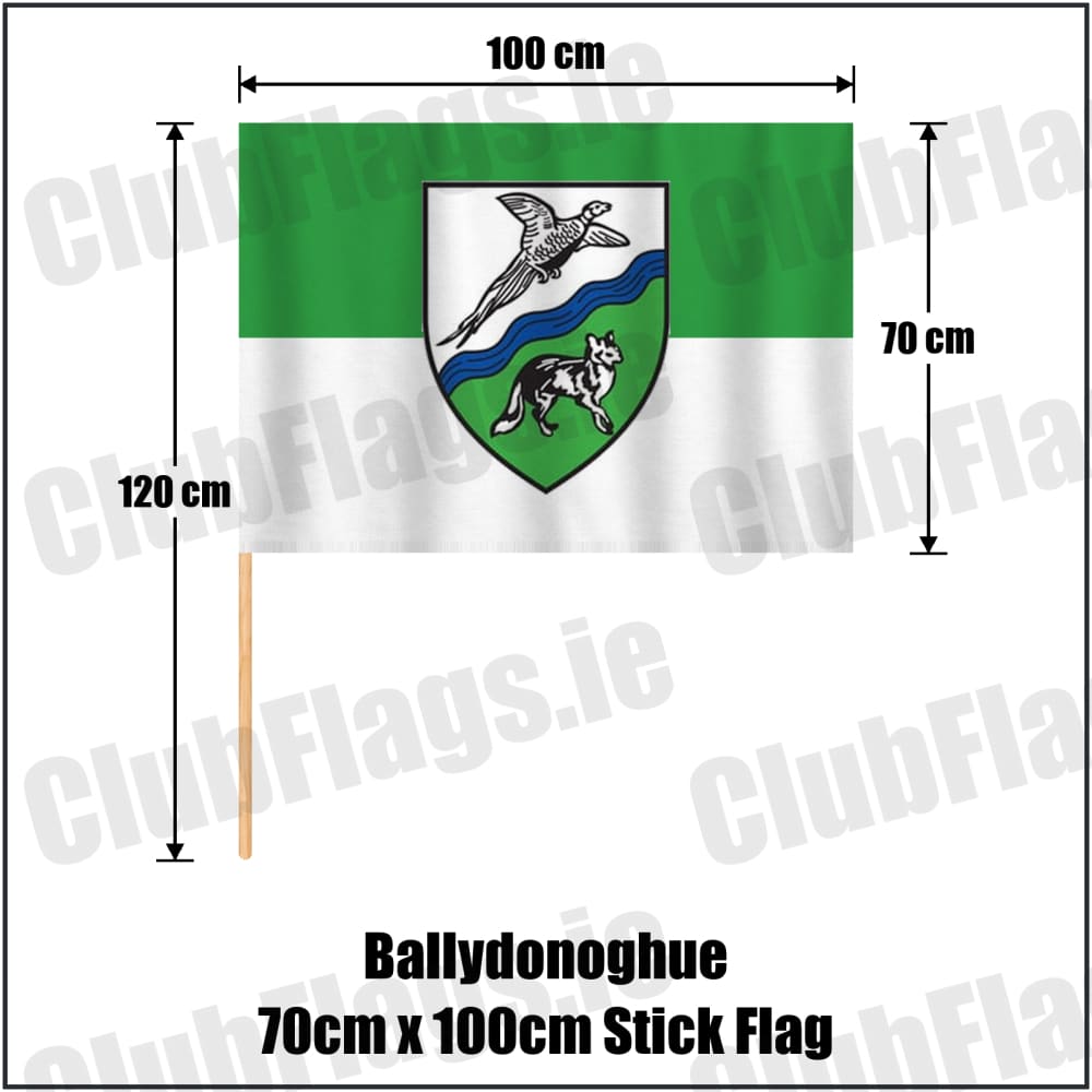 Ballydonoghue 70cm x 100cm Stick Flag in green and white, featuring the club crest on realistic fabric with gentle vertical folds; County Kerry GAA. ClubFlags.ie.