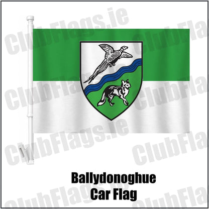 Ballydonoghue Car Flag in green and white, featuring the club crest on realistic fabric with gentle vertical folds; County Kerry GAA. ClubFlags.ie.