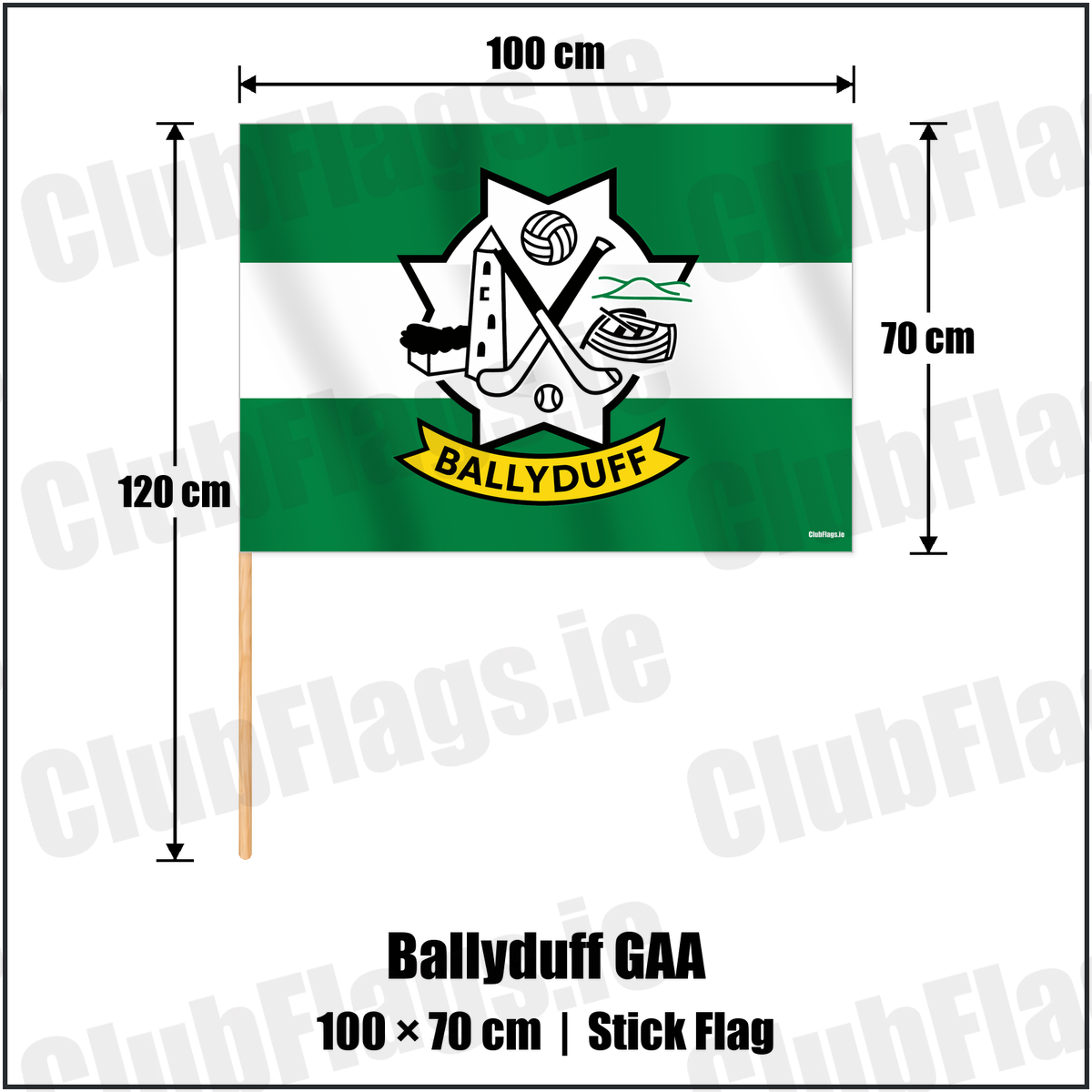 Ballyduff GAA 70cm x 100cm Stick Flag with the verified club crest and colours, Kerry GAA - ClubFlags.ie