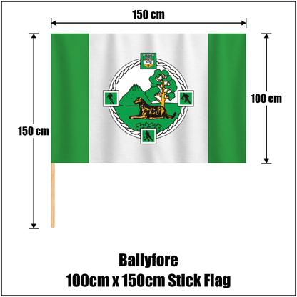 Ballyfore 100cm x 150cm Stick Flag, featuring the club crest and green and white colours; County Offaly GAA. ClubFlags.ie.