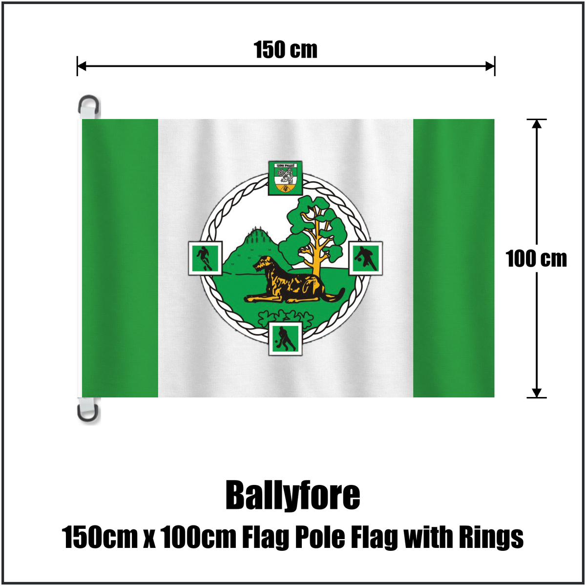 Ballyfore 150cm x 100cm Flag Pole Flag with Rings, featuring the club crest and green and white colours; County Offaly GAA. ClubFlags.ie.