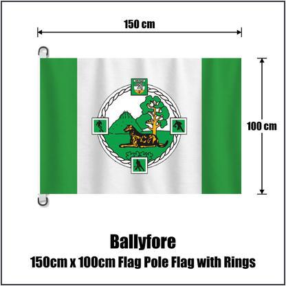 Ballyfore 150cm x 100cm Flag Pole Flag with Rings, featuring the club crest and green and white colours; County Offaly GAA. ClubFlags.ie.