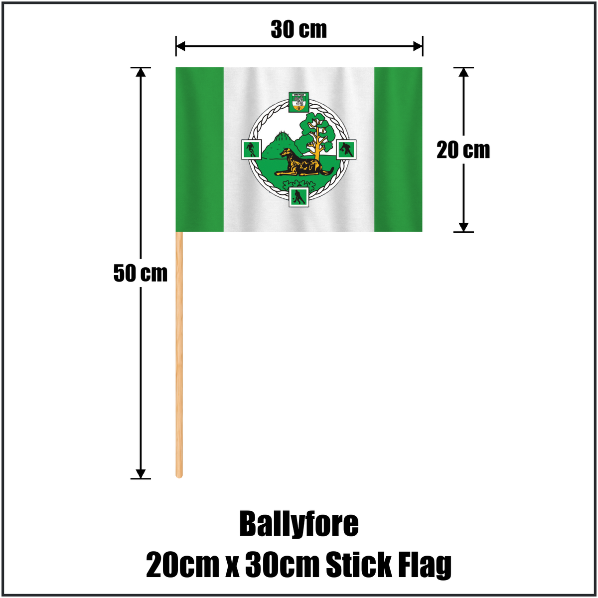 Ballyfore 20cm x 30cm Stick Flag, featuring the club crest and green and white colours; County Offaly GAA. ClubFlags.ie.