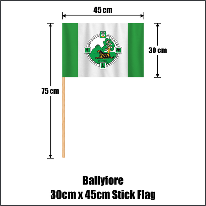 Ballyfore 30cm x 45cm Stick Flag, featuring the club crest and green and white colours; County Offaly GAA. ClubFlags.ie.