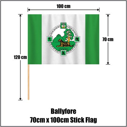 Ballyfore 70cm x 100cm Stick Flag, featuring the club crest and green and white colours; County Offaly GAA. ClubFlags.ie.